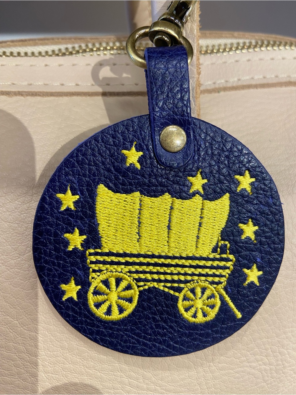Portland Leather Cobalt Blue and Yellow Wagon Embroidered Bag Charm - NEW